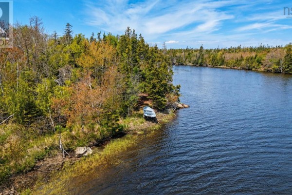 Aerial view of a winding river through a dense forest with a house visible in the distance. - 3539 Highway 255, Black Brook