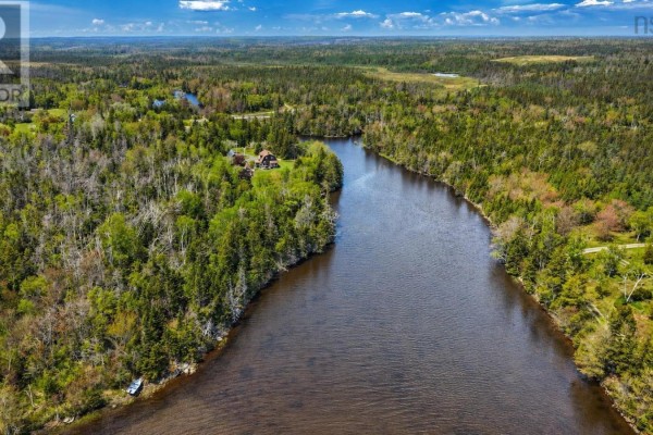 A brown house sits on a green lawn surrounded by trees, with lawn chairs near the water. - 3539 Highway 255, Black Brook