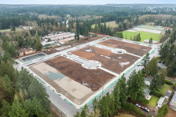 View of an unfinished subdivision with roads, prepared lots, and adjacent woodland. - 3549 204a Street, Langley