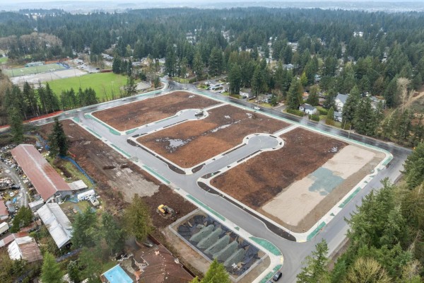 Expansive aerial view showcasing a developing subdivision surrounded by dense evergreen trees. - 3549 204a Street, Langley