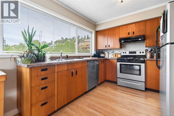 Kitchen with oak cabinets, laminate flooring, and a large window over the sink. - 356 Rees Rd, Courtenay