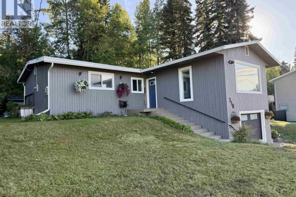 Home office with light blue walls, wood floors, and a black and white patterned rug. - 358 W 5th Street, Vanderhoof