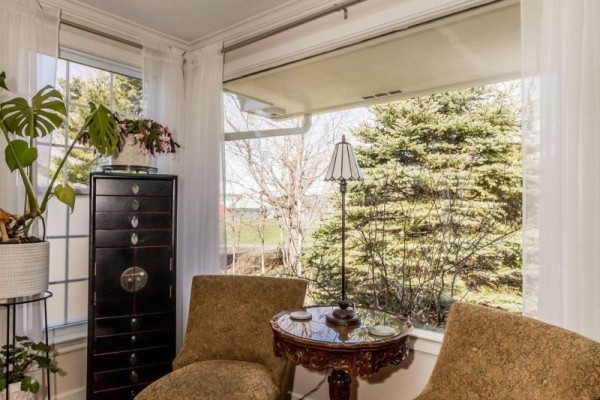 View from the window of green trees, a small table, and two chairs. - 3596 Clementsvale Road, Clementsvale