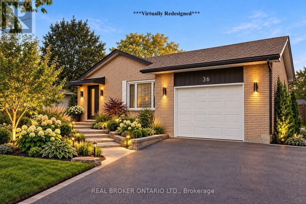 Professionally landscaped front exterior of a brick bungalow with a white garage door. - 36 Dutch Settlers Court, East Gwillimbury