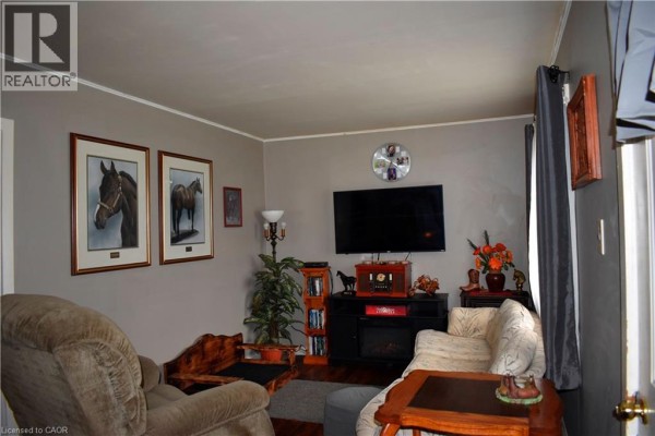 Living room with a couch, television, fireplace unit, and a large window with curtains. - 36 Woodhouse Avenue, Port Dover