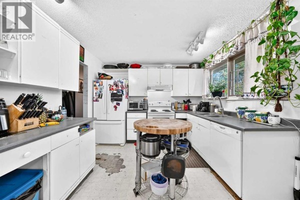 White kitchen with stainless steel appliances, butcher block island, and large window. - 360 Rundlefield Road Ne, Calgary