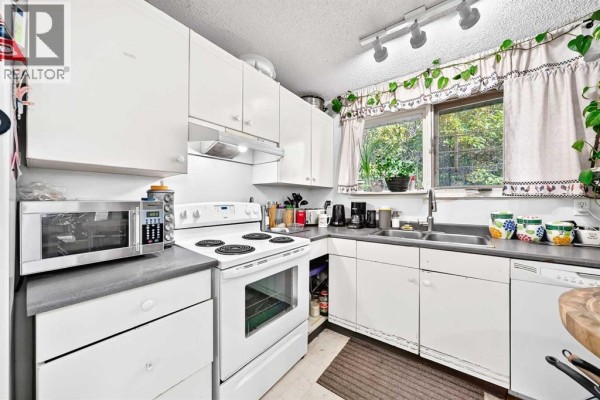 Close-up of a white stove and sink in a white kitchen with a window. - 360 Rundlefield Road Ne, Calgary