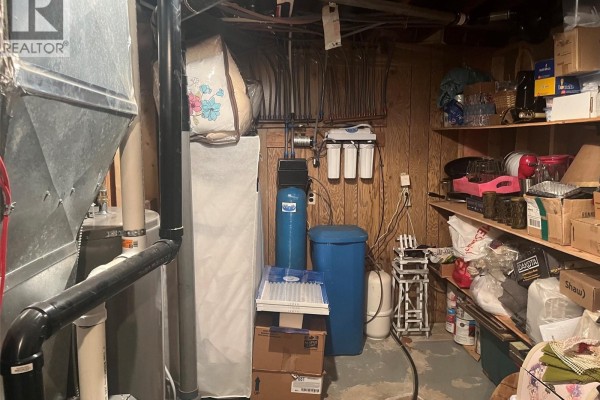 Basement utility area with water filtration system, furnace, and shelves of stored items. - 3600 55 Highway, Prince Albert