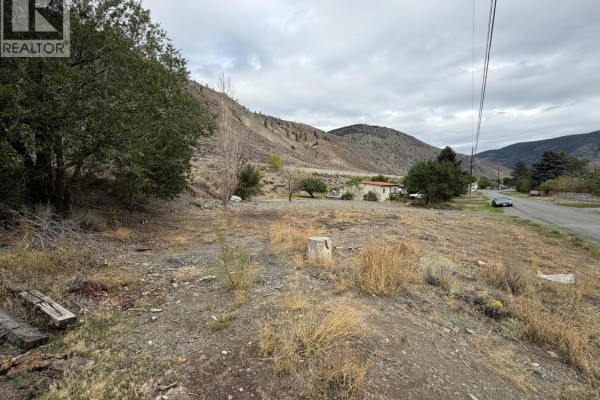 Bare lot with dry grass, scattered trees, a concrete block, and a view of a street and houses. - 3601 Big Horn Curl, Ashcroft
