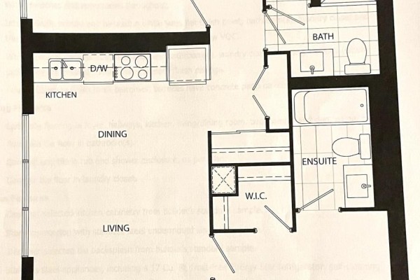 Floor plan of a one-bedroom apartment with kitchen, dining, living, and bathroom areas. - 3606 - 2212 Lakeshore Road W, Toronto