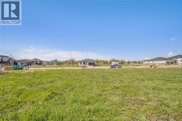Open green lot with some scattered white posts, showcasing a row of residential homes under a bright blue sky. - 3667 Farrow Avenue, Windsor