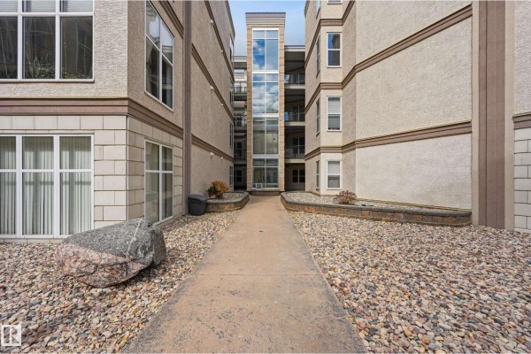 Living room with beige carpet, large windows, a sofa, coffee table, and accent chair. - #369 4823 104a St Nw, Edmonton