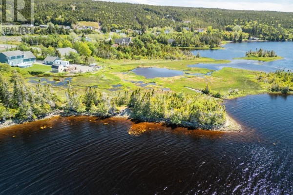 Panoramic aerial shot of a lake with wooded peninsulas and surrounding residential homes. - 37-39 Morrisseys Lane, Southeast Placentia
