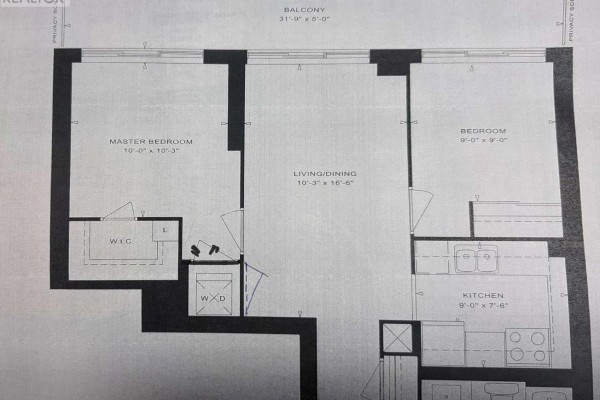 Floor plan of a two-bedroom apartment with living/dining, kitchen, master bedroom with W.I.C., and balcony. - 3705 - 2015 Sheppard Avenue E, Toronto