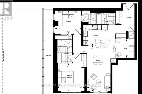 Floor plan of a two-bedroom apartment with a den, balcony, and open-concept living, dining, and kitchen areas. - 3707 - 8 Water Walk Drive, Markham