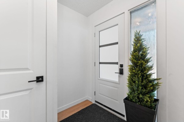 Interior entryway with a white door, frosted glass panels, a tall potted plant, and light wood flooring. - 3721 103b Street Nw Nw, Edmonton