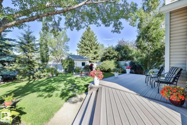 Backyard with a large deck, lawn, trees, and a small storage shed. - 3764 30 St Nw, Edmonton