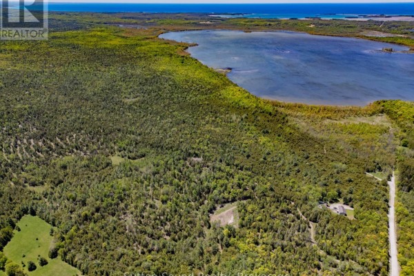 Aerial view of the property showing wooded areas and proximity to Boat Lake. - 379 Elm Road, South Bruce Peninsula