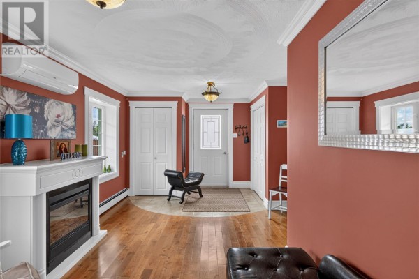 Interior hallway with red walls, wood floors, and a glass-paned front door. - 380-380a Gander Bay Road, Gander