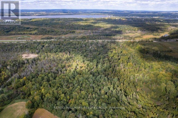 Overhead view of tree-covered land with a highway and fields in the distance. - 380 Concession 1 Road, East Hawkesbury