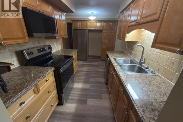 Kitchen with light wood cabinets, granite countertops, stainless steel appliances, and tiled backsplash. - 380 Pelissier Street Unit# 2402, Windsor