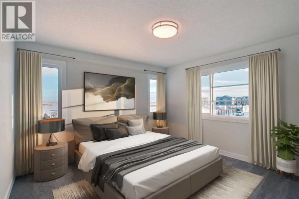 Bedroom with a king-size bed, grey bedding, nightstands, and windows with curtains. - 381 Waterford Boulevard, Chestermere
