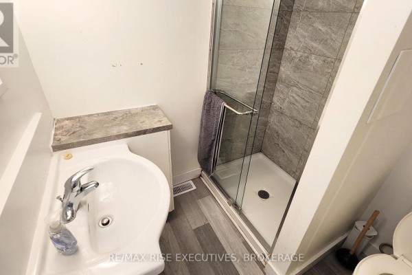 Small bathroom with a pedestal sink, grey tile shower stall, and a toilet. - 385 Alfred Street, Kingston