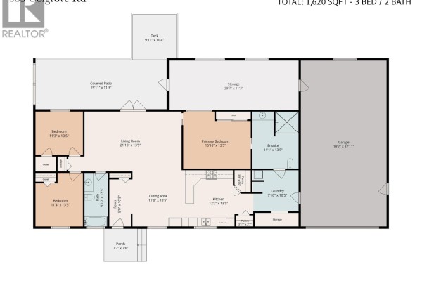 Floor plan of a 1,620 sq ft, 3-bed, 2-bath mobile home with labeled rooms and dimensions. - 385 Colgrove Road, Hixon