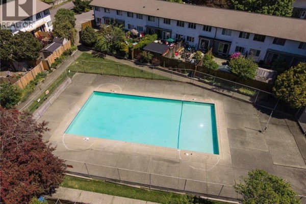 Aerial view of a rectangular outdoor swimming pool with concrete surround and fencing. - 386 Burnside Rd W, Saanich