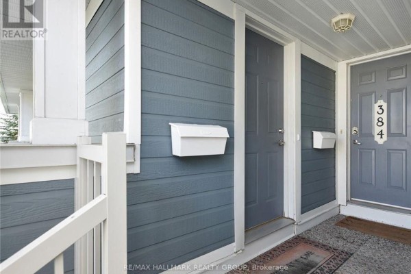 Close-up view of two apartment entrances with grey doors and white mailboxes on blue siding. - 386 Crownridge Drive, Ottawa