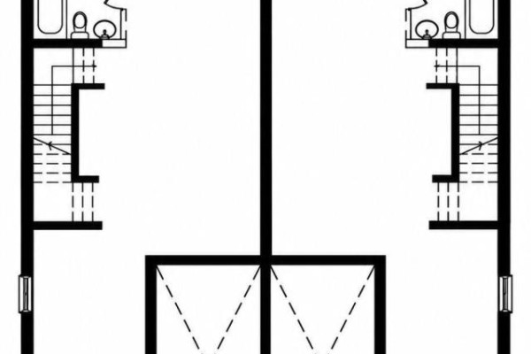 Floor plan layout for a symmetrical semi-detached house showing stairs, bathrooms, and garages. - 39 Allness Road, Brampton