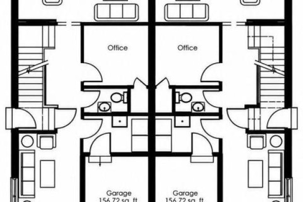 Floor plan of two adjacent units showing living spaces, offices, garages, stairs, and bathrooms. - 39 Allness Road, Brampton