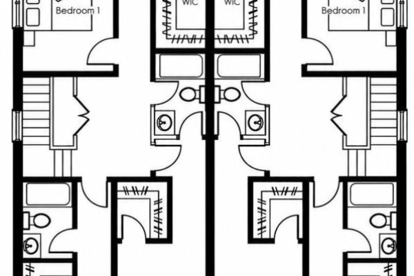Floor plan of two units showing bedrooms, WICs, bathrooms, stairs, and garages. - 39 Allness Road, Brampton