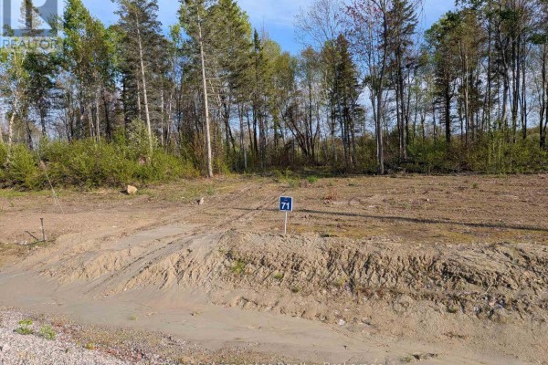 Cleared land lot with a blue number 71 sign and tire tracks. - 39 Brianne Court, West Nipissing