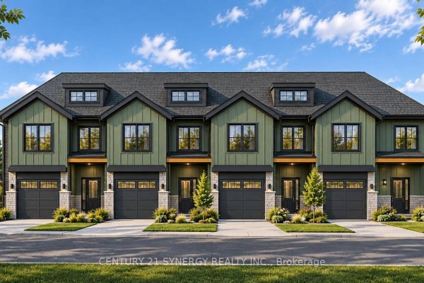Street view of a row of identical green townhouses with dark roofs, black windows, and garages. - 39 Helen Street, North Stormont
