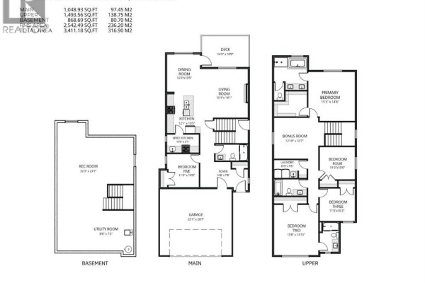 Floor plans for the basement, main, and upper levels of the house. - 391 Waterford Grove, Chestermere