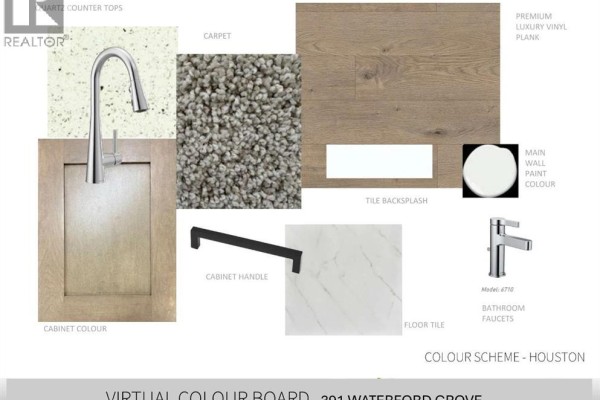 Material samples including cabinet color, countertop, flooring, and faucet finishes. - 391 Waterford Grove, Chestermere