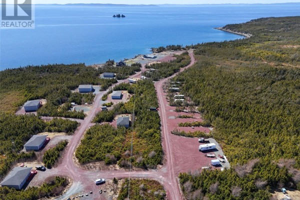 Aerial view of a coastal development with multiple small buildings and RVs. - 397 Trinity South Highway, Whiteway