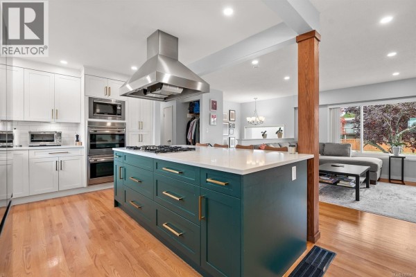 Modern kitchen with white cabinets, a large teal island with a gas stovetop, and stainless steel appliances. - 3988 Larchwood Dr, Saanich