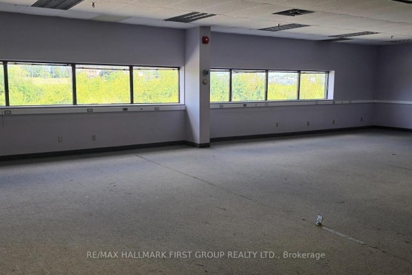 Empty commercial space with beige carpet, light purple walls, and a large window on the right. - #4 + Outside Storage - 600 Thornton Road S, Oshawa