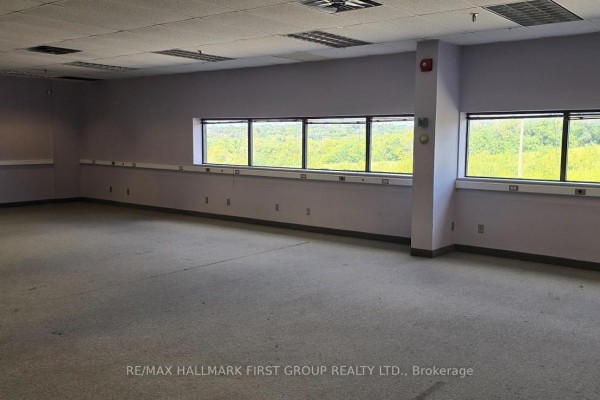 Empty commercial space with beige carpet, light purple walls, and a long row of windows on the left. - #4 + Outside Storage - 600 Thornton Road S, Oshawa