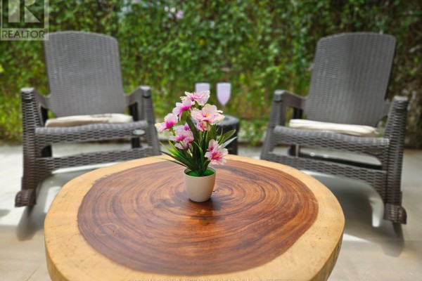 Close-up of a live-edge wood coffee table with a small floral arrangement between two wicker chairs. - #4 - 1 Azul Court, Costa Rica