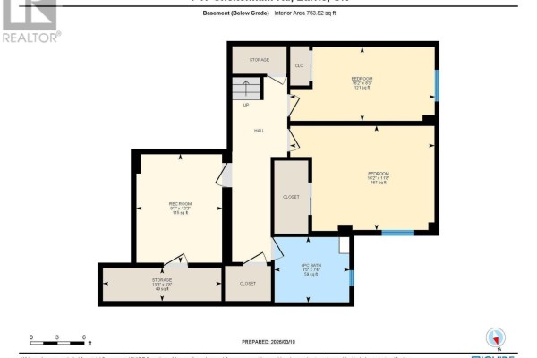 Basement floor plan showing two bedrooms, rec room, bathroom, storage, and closets. - 4 - 17 Cheltenham Road, Barrie
