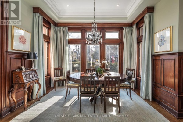 Formal dining room with a chandelier, wooden wainscoting, and large windows. - 4 - 40 Maple Avenue, Toronto