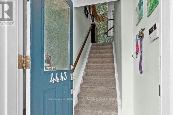 View looking up a carpeted staircase from an open front door with patterned wallpaper. - 4 - 4443 Harper Avenue, Ottawa