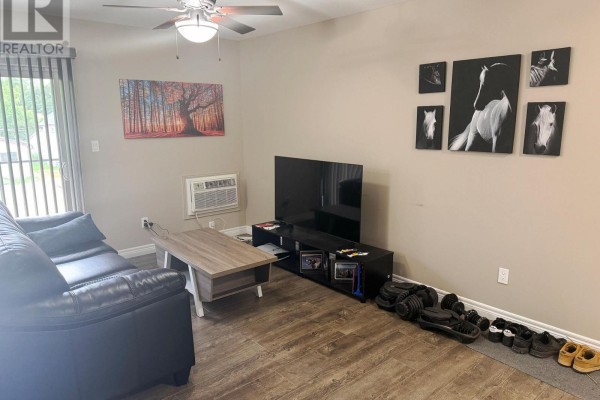 Living room with a black sofa, coffee table, television, and a ceiling fan. - 4 - 50 South Street E, Aylmer