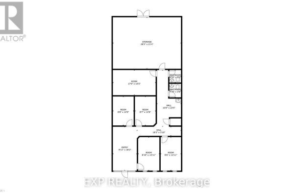 Floor plan of a commercial space showing multiple rooms, halls, storage, and restrooms. - 4 - 540 Clarke Road, London East