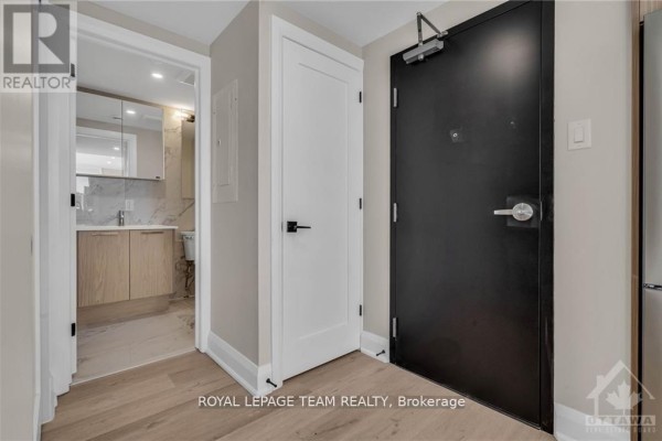 Hallway with a black front door, white interior door, and light wood flooring. - 4 - 58 Florence Street, Ottawa