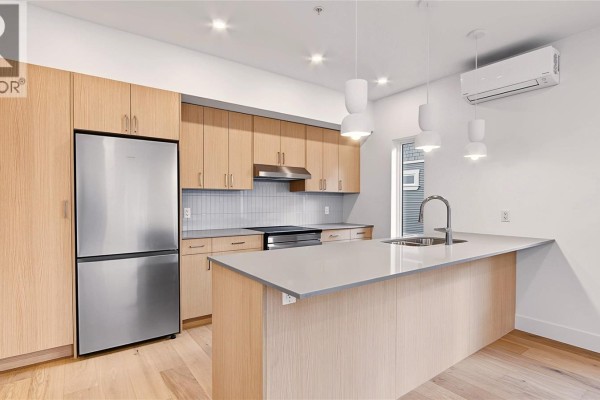 Close-up of a modern kitchen with light wood cabinets, gray countertop, and stainless steel stove. - 4 1721 Adanac St, Victoria