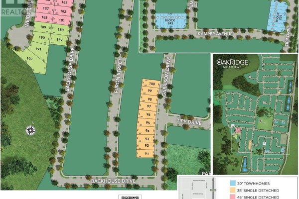 Site plan map of Oakridge Meadows development showing lot numbers and street names. - 4 Backhouse Drive, Richmond Hill